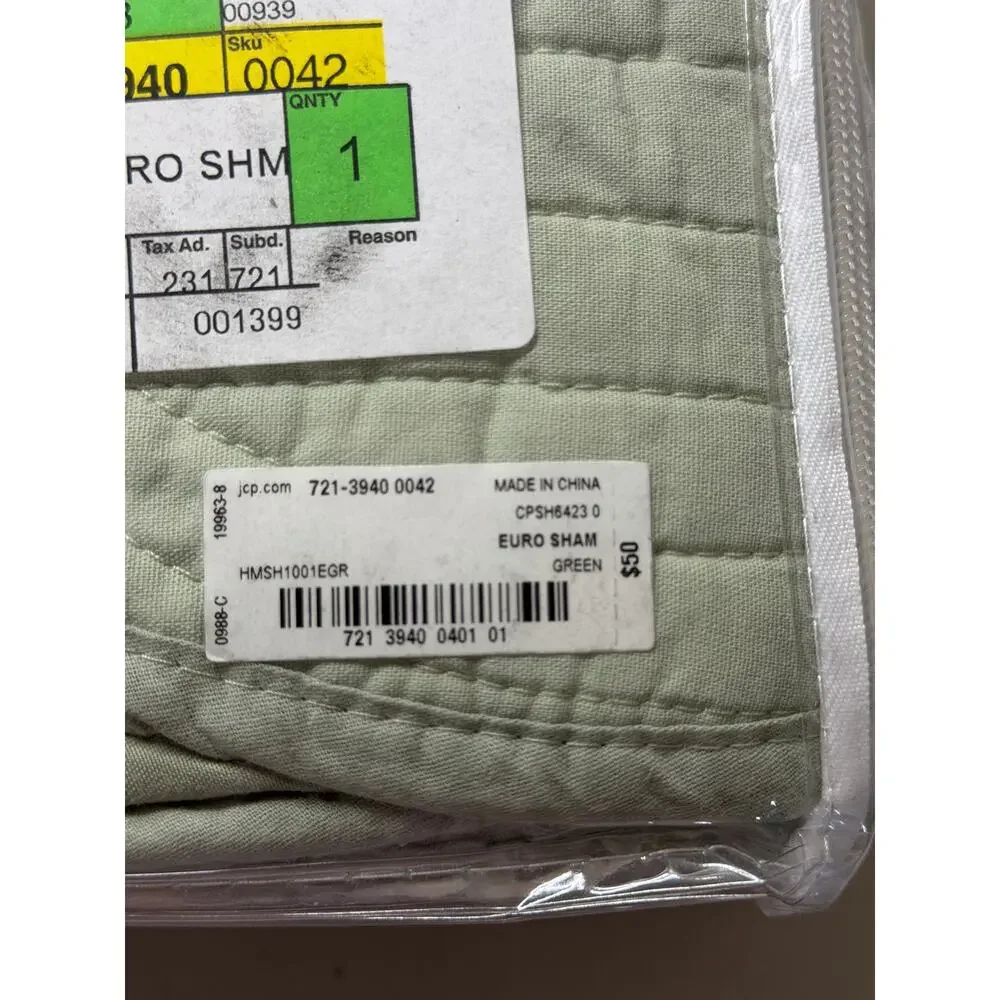 NEW! Hudson & Main Audrey Pillow Euro Sham 26” x 26” Cotton Green